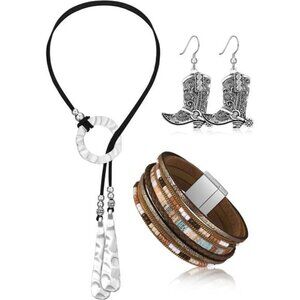 3 Pcs Western Jewelry for Women Bohemian Set, Boho Pendant Long Choker,
